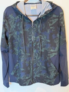 ZYIA Navy and Dark Green Printed Hooded Zip Jacket